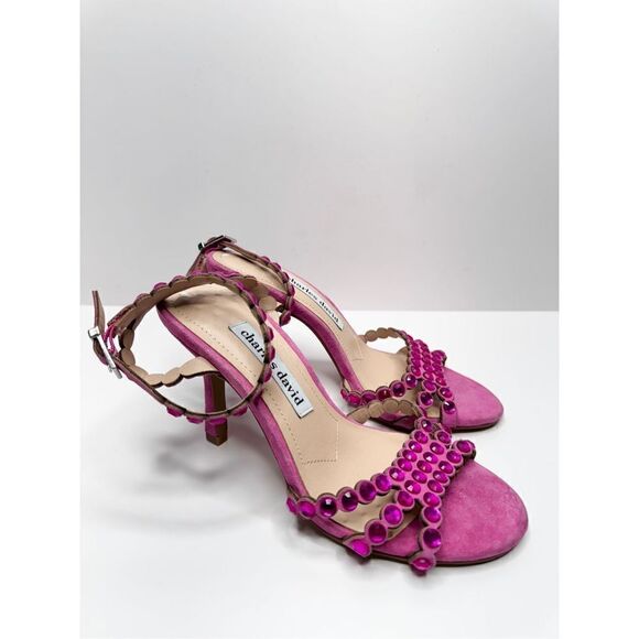 Charles David Sandals Ladies Size 5 Pink Rhinestones Suede Ankle Strap Heels - Picture 3 of 10